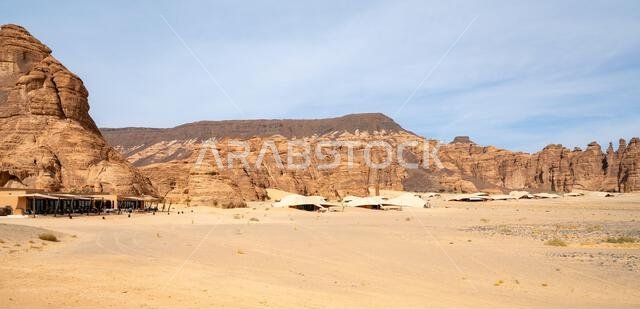Sandstone formations of Ashar Valley provide a breathtaking backdrop for the luxurious resorts within amazing desert landscape of AlUla, Saudi Arabia Sandstone formations of Ashar Valley provide a breathtaking backdrop for the luxurious resorts within amazing desert landscape of AlUla, Saudi Arabia