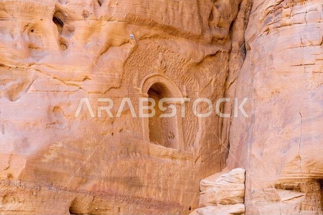 Jabal Ithlib, Al Diwan, ancient carved sandstone rock formation in desert in Hegra, evidence to rich cultural heritage UNESCO of AlUla, Saudi Arabia