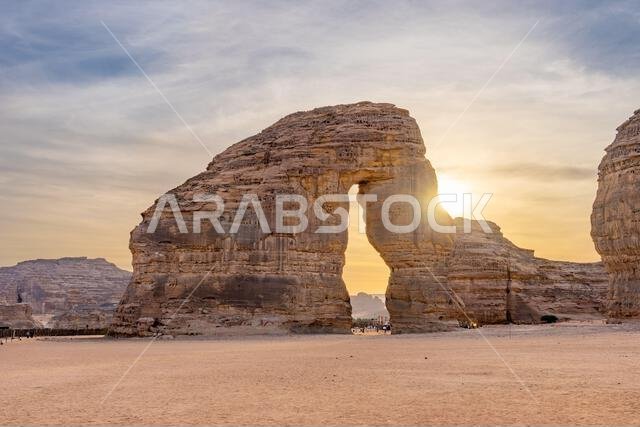 The panoramic desert landscape of AlUla at sunset, frames the Elephant Rock, amazing sandstone rock formation, wonder geological of the Saudi Arabia