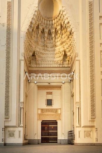 The grand Masjid Malik Saud, or King Saud Mosque, in Jeddah, Saudi Arabia, an impressive example of modern Islamic architecture, its towering minarets