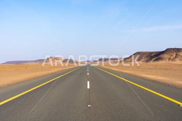 The scenic desert route from AlUla to Medina at sunrise, breathtaking panorama of Saudi Arabia with amazing sandstone rock formations