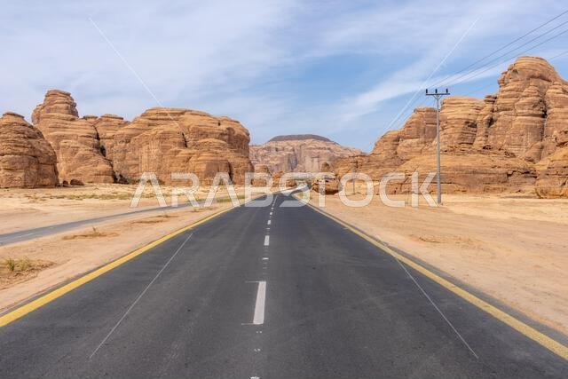 The panoramic Ashar Valley showcases the amazing sandstone rock formations of region of AlUla, a breathtaking desert landscape in Saudi Arabia
