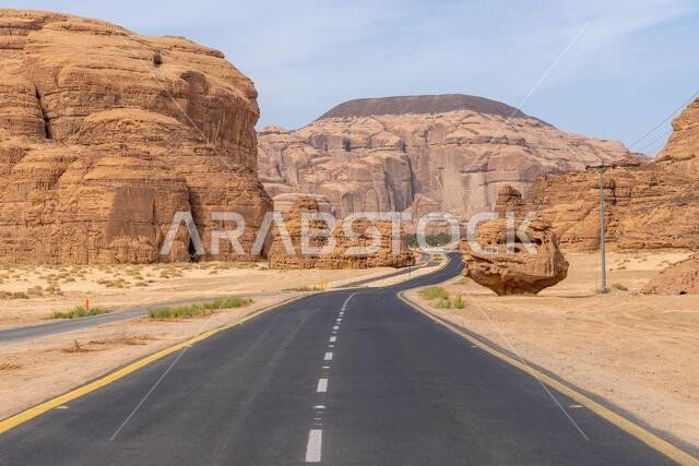 The panoramic Ashar Valley showcases the amazing sandstone rock formations of region of AlUla, a breathtaking desert landscape in Saudi Arabia