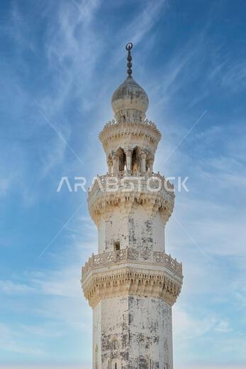 The grand Masjid Malik Saud, or King Saud Mosque, in Jeddah, Saudi Arabia, an impressive example of modern Islamic architecture, its towering minarets