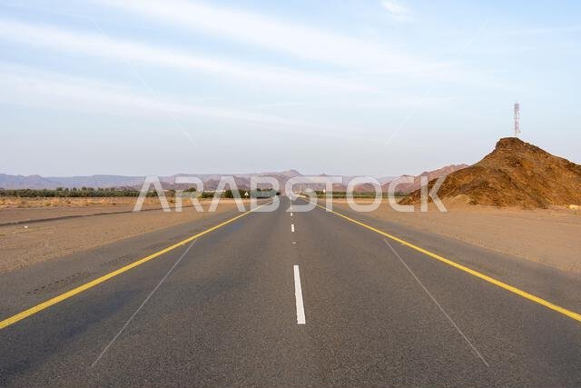 The scenic desert route from AlUla to Medina at sunrise, breathtaking panorama of Saudi Arabia with amazing sandstone rock formations