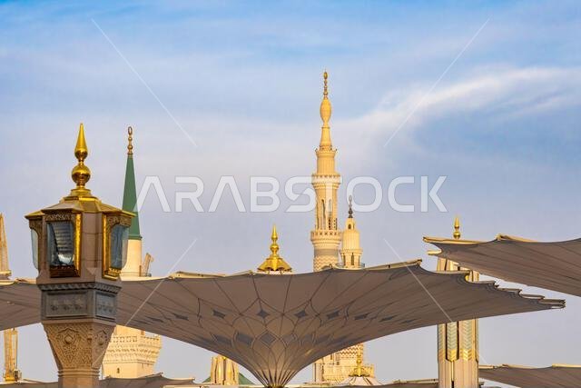 Giant umbrellas of the grand King Abdullah Expansion of the Prophets Mosque in Medina, second holiest site of Islam in Saudi Arabia