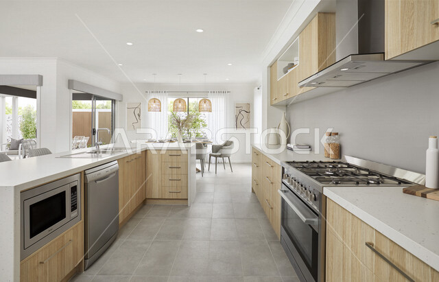 صورة لمطبخ حديث وانيق بتصاميم عصرية و جذابة ، ديكورات رائعة ، أثاث منزلي راقي ، تصاميم فخمة و جميلة ، شقق سكنية  