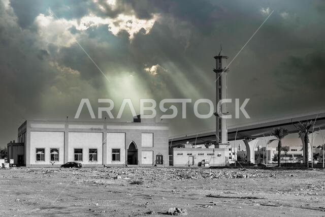 Neighborhood Mosque sunlit - Riyadh monochrome