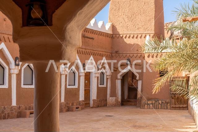 Ushaiqer , Saudi Arabia - December 14, 2024: Faylaqia Mosque made of mud brick in old Ushaiqer Heritage Village, Saudi Arabia