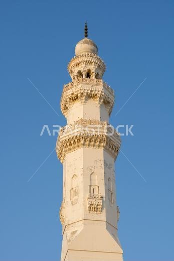 The grand Masjid Malik Saud, or King Saud Mosque, in Jeddah, Saudi Arabia, an impressive example of modern Islamic architecture, its towering minarets
