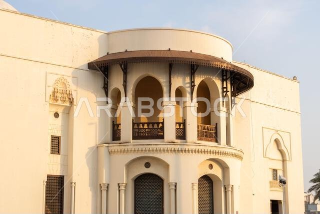 The grand Masjid Malik Saud, or King Saud Mosque, in Jeddah, Saudi Arabia, an impressive example of modern Islamic architecture, its towering minarets