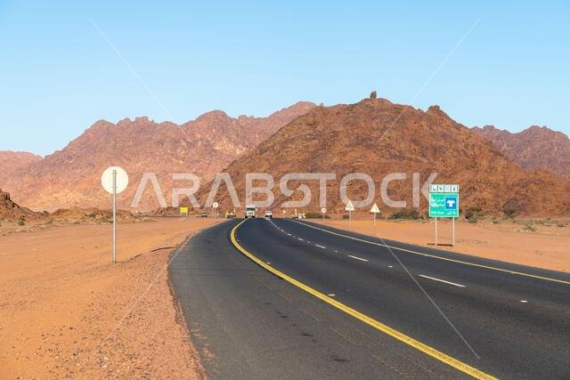 Desert of Saudi Arabia - December 15, 2024: scenic road from Riyadh to AlUla, through a landscape of sand desert, rock formations and mountains