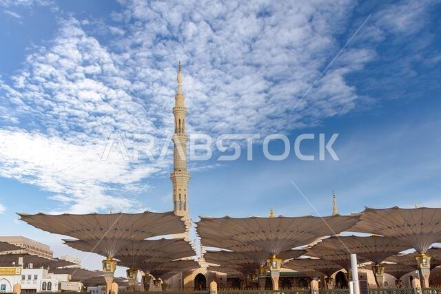 Giant umbrellas of the grand King Abdullah Expansion of the Prophets Mosque in Medina, second holiest site of Islam in Saudi Arabia