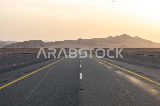 The scenic desert route from AlUla to Medina at sunrise, breathtaking panorama of Saudi Arabia with amazing sandstone rock formations