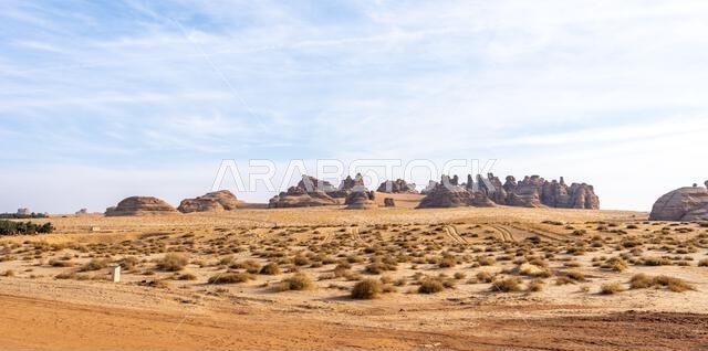 يُبرز الطريق الصحراوي الخلاب بين العلا وتبوك في المملكة العربية السعودية تكوينات صخرية رملية مذهلة وإطلالة بانورامية خلابة.