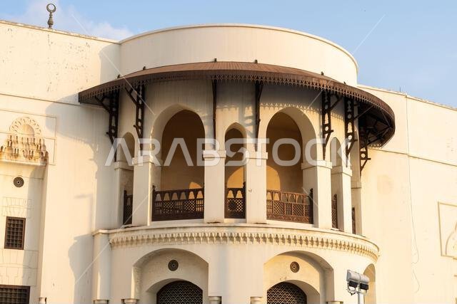 The grand Masjid Malik Saud, or King Saud Mosque, in Jeddah, Saudi Arabia, an impressive example of modern Islamic architecture, its towering minarets