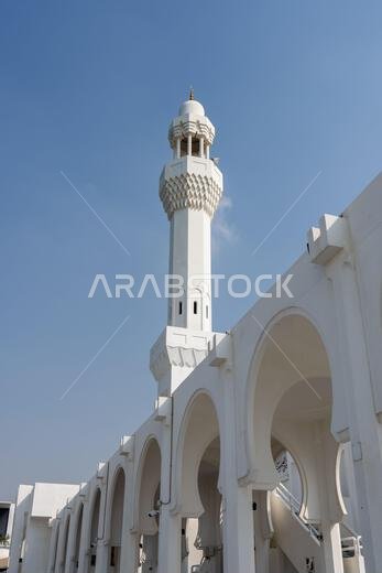 The floating mosque on the Corniche in Jeddah, Saudi Arabia, known as Masjid Al Rahmah or the Mosque of Mercy, appears to hover above the Red Sea