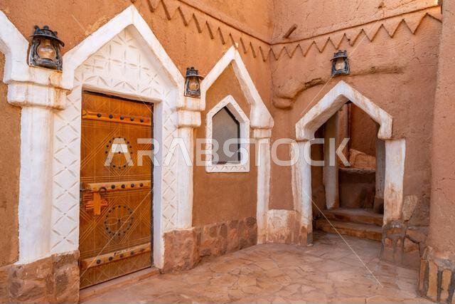 Ushaiqer , Saudi Arabia - December 14, 2024: Faylaqia Mosque made of mud brick in old Ushaiqer Heritage Village, Saudi Arabia
