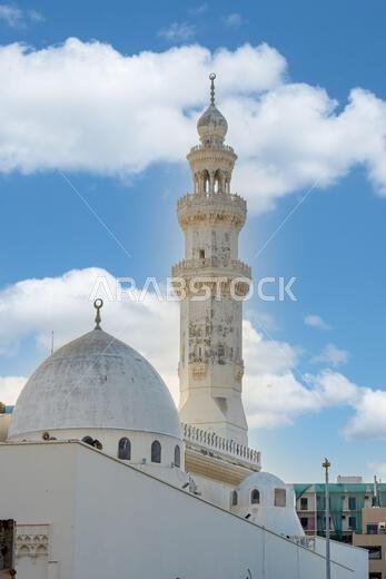 The grand Masjid Malik Saud, or King Saud Mosque, in Jeddah, Saudi Arabia, an impressive example of modern Islamic architecture, its towering minarets