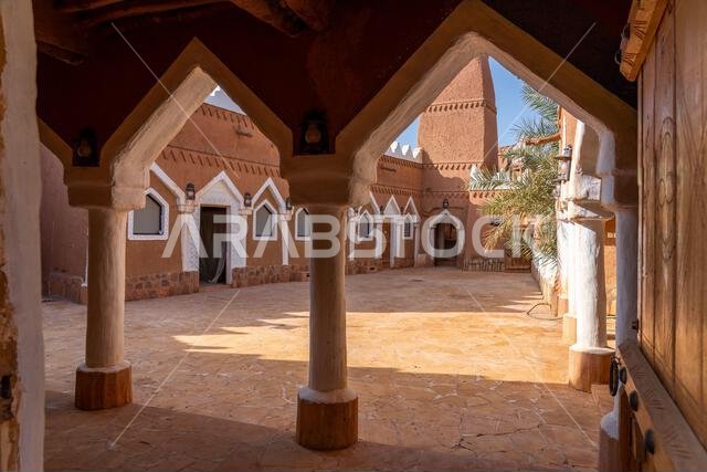 Ushaiqer , Saudi Arabia - December 14, 2024: Faylaqia Mosque made of mud brick in old Ushaiqer Heritage Village, Saudi Arabia