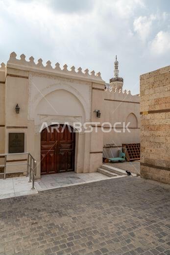 Historic Al Balad district of Jeddah, Saudi Arabia, slumbers on a tranquil Sunday morning, the old Al Shafee Mosque keeping vigil over the quiet