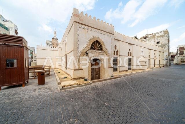 Historic Al Balad district of Jeddah, Saudi Arabia, slumbers on a tranquil Sunday morning, the old Al Shafee Mosque keeping vigil over the quiet