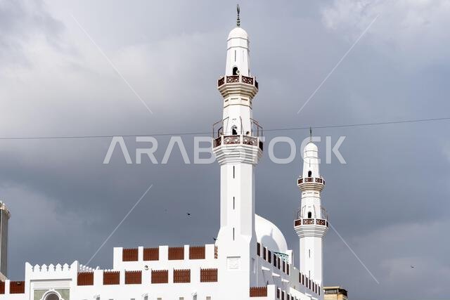 Historic Al Balad district of Jeddah, Saudi Arabia, rests peacefully on a Sunday morning, King Abdulaziz Grand Mosque standing watch over the quiet