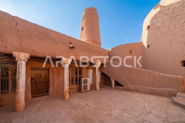 Ushaiqer , Saudi Arabia - December 14, 2024: North Mosque made of mud brick in old Ushaiqer Heritage Village, Saudi Arabia
