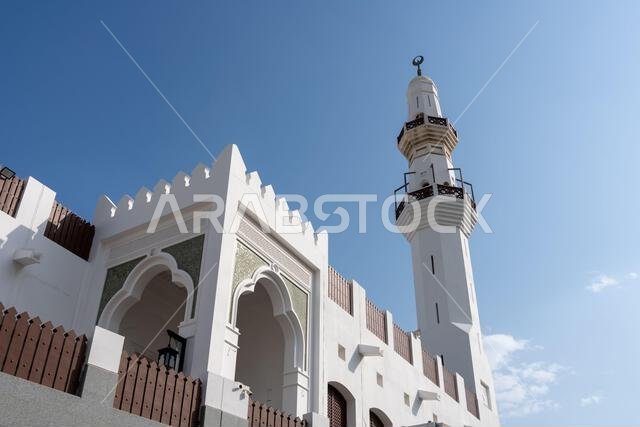 Historic Al Balad district of Jeddah, Saudi Arabia, rests peacefully on a Sunday morning, King Abdulaziz Grand Mosque standing watch over the quiet
