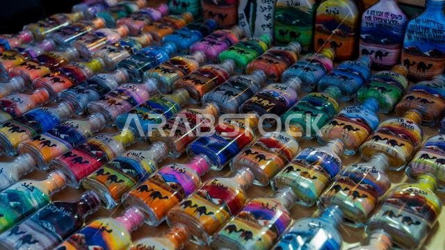 Doha, Qatar, January 24, 2025: A glass bottle filled with vibrant layers of sand forming intricate patterns, showcasing artistic precision and cultura