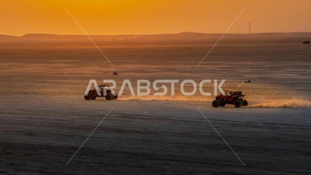 Doha, Qatar-January 22, 2025: A thrilling dune-bashing experience in the Sealine Desert, with off-road vehicles speeding across the golden sand dunes