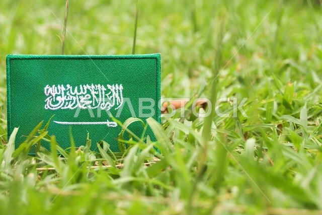 Eco friendly embroidered Saudi Arabia flag (SA) on green grass in warm light. Symbol of climate change awareness, Earth Day and sustainability. Eco friendly embroidered Saudi Arabia flag (SA) on green grass in warm light. Symbol of climate change awareness, Earth Day and sustainability.