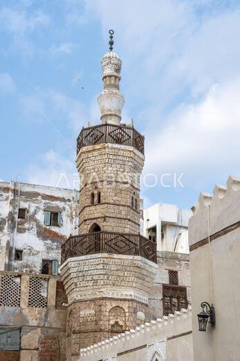 Historic Al Balad district of Jeddah, Saudi Arabia, slumbers on a tranquil Sunday morning, the old Al Shafee Mosque keeping vigil over the quiet
