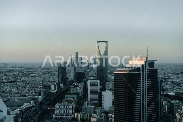 Riyadh, Saudi Arabia - December 22, 2024: Breathtaking panorama from the top of Faisaliah Tower, the sunset view of the skyline of Riyadh, Saudi Arabi