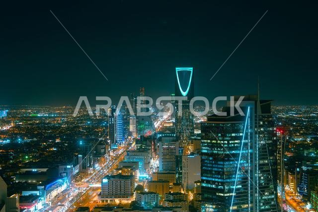 Riyadh, Saudi Arabia - December 22, 2024: Breathtaking panorama from the top of Faisaliah Tower, the sunset view of the skyline of Riyadh, Saudi Arabi
