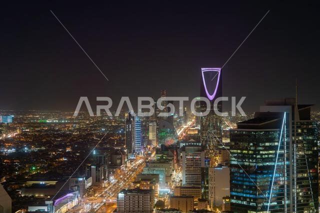 Riyadh, Saudi Arabia - December 22, 2024: Breathtaking panorama from the top of Faisaliah Tower, the sunset view of the skyline of Riyadh, Saudi Arabi
