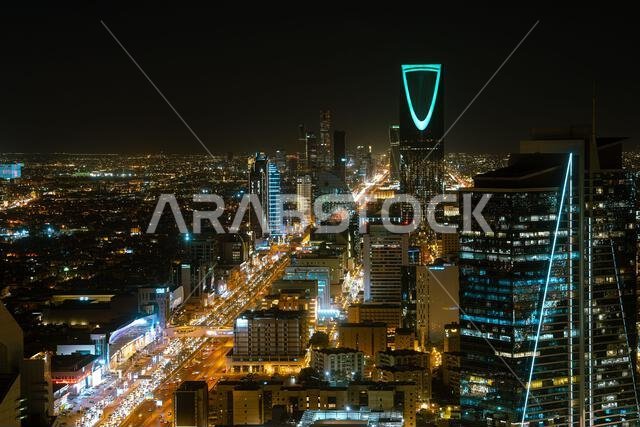 Riyadh, Saudi Arabia - December 22, 2024: Breathtaking panorama from the top of Faisaliah Tower, the sunset view of the skyline of Riyadh, Saudi Arabi