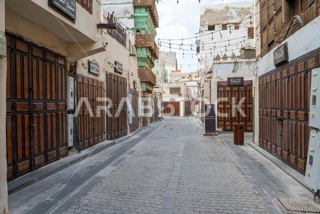 Jeddah, Saudi Arabia - December 20, 2024: In the early hours of a Sunday morning, the historic Al Balad district of Jeddah, Saudi Arabia, lies quiet a