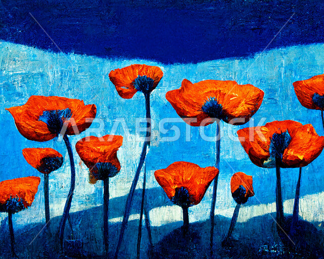 Close-up of a creative painting of a group of attractive flowers, artistic drawings, plastic art, wall art, drawing boards, exhibitions and arts