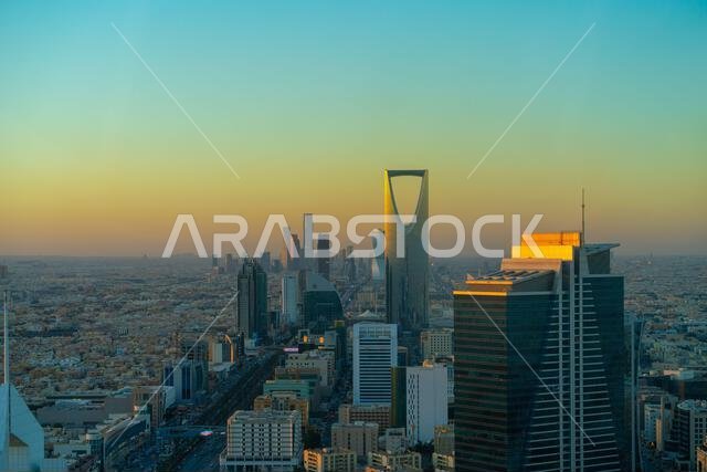 Riyadh, Saudi Arabia - December 22, 2024: Breathtaking panorama from the top of Faisaliah Tower, the sunset view of the skyline of Riyadh, Saudi Arabi