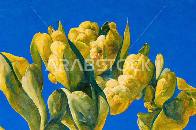 Close-up of a creative painting of a group of attractive flowers, artistic drawings, plastic art, wall art, drawing boards, exhibitions and arts