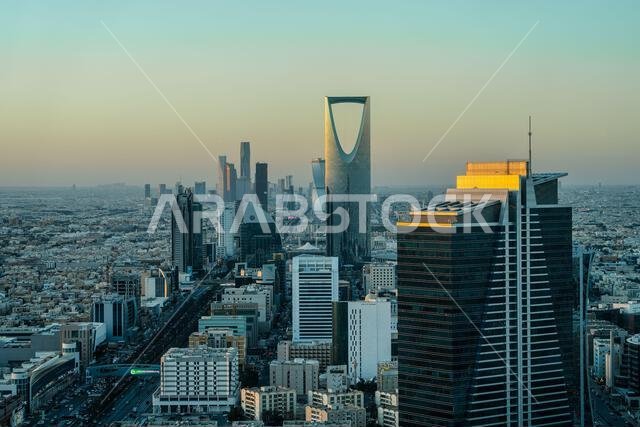 Riyadh, Saudi Arabia - December 22, 2024: Breathtaking panorama from the top of Faisaliah Tower, the sunset view of the skyline of Riyadh, Saudi Arabi