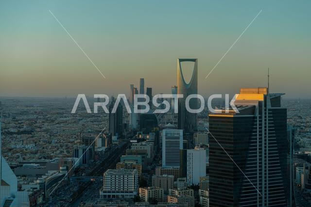 Riyadh, Saudi Arabia - December 22, 2024: Breathtaking panorama from the top of Faisaliah Tower, the sunset view of the skyline of Riyadh, Saudi Arabi