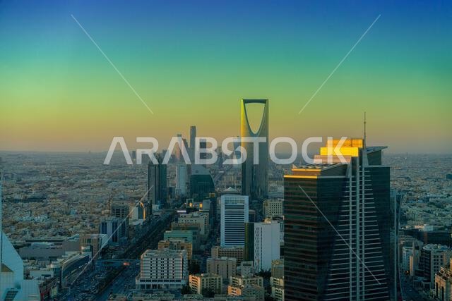Riyadh, Saudi Arabia - December 22, 2024: Breathtaking panorama from the top of Faisaliah Tower, the sunset view of the skyline of Riyadh, Saudi Arabi