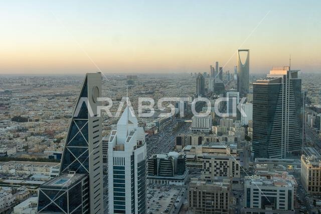 Riyadh, Saudi Arabia - December 22, 2024: Breathtaking panorama from the top of Faisaliah Tower, the sunset view of the skyline of Riyadh, Saudi Arabi