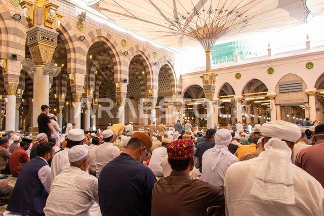 Medina, Saudi Arabia - 30 September 2024: Muslims waiting for prayer in Masjid al Nabawi (Prophet's Mosque)