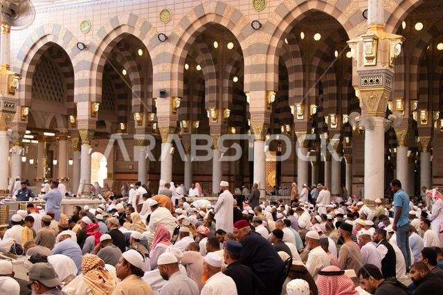 Medina, Saudi Arabia - 30 September 2024: Muslims waiting for prayer in Masjid al Nabawi. Prophet's Mosque