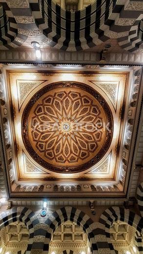 Medina, Saudi Arabia - March 6, 2024: Interior architecture of the Masjid an-Nabawi