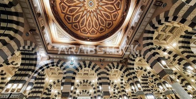 Medina, Saudi Arabia - March 6, 2024: Interior architecture of the Masjid an-Nabawi