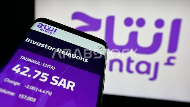 شتوتغارت، ألمانيا - 13-06-2025: هاتف محمول يعرض موقع شركة إنتاج للأغذية السعودية على الشاشة أمام الشعار.